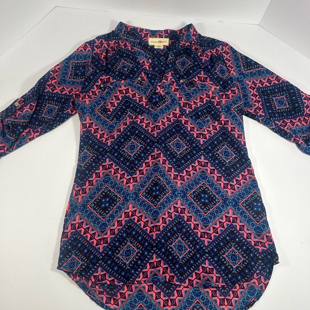 Wishful Park Womens  Medium Navy Multi Geometric 3/4 Roll Tab Colorful top